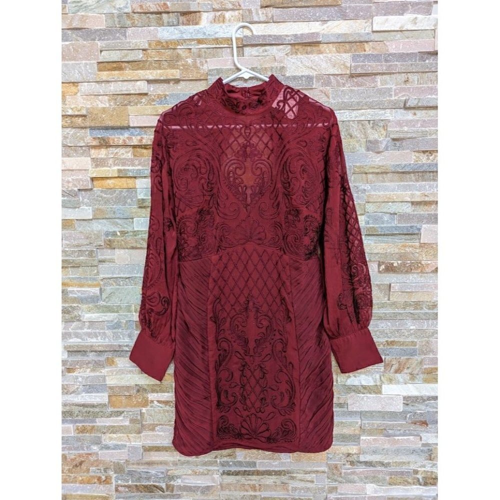 Anthropologie Lace Mini Long Sleeve Dress Wine Red NWT 12 Romantic - Picture 2 of 10